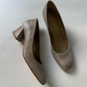 Stuart Weitzman Gold Block Heel Square Toe Pumps